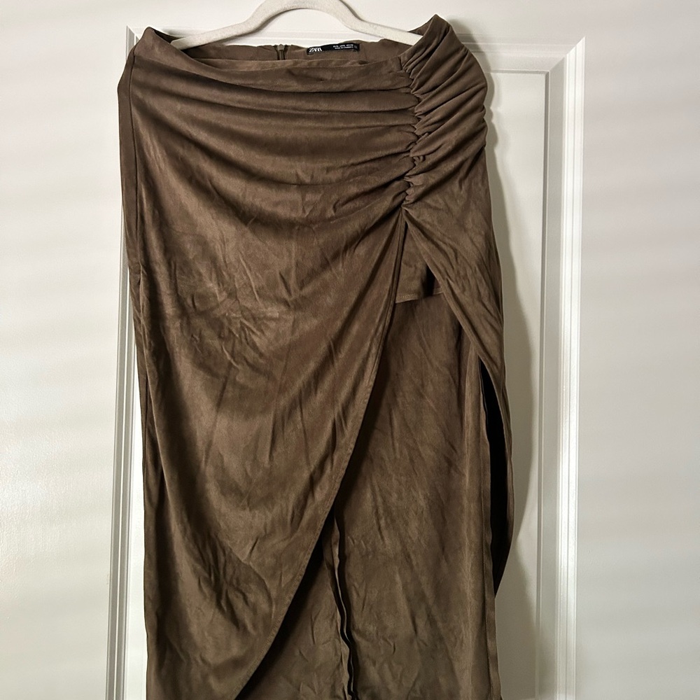Zara Taupe Ruched High-Low Wrap Skirt